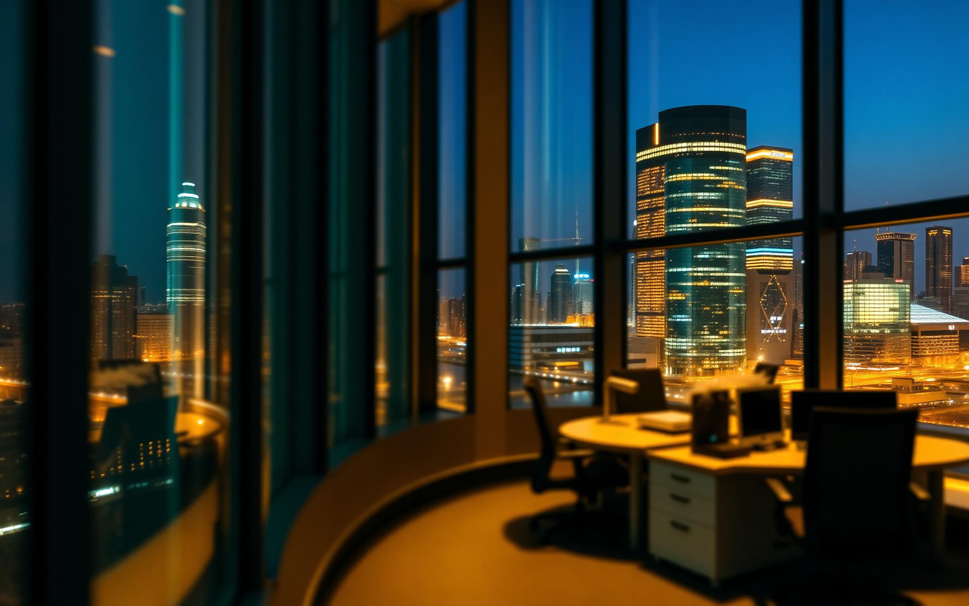 Enterprise office overlooking the city skyline at night