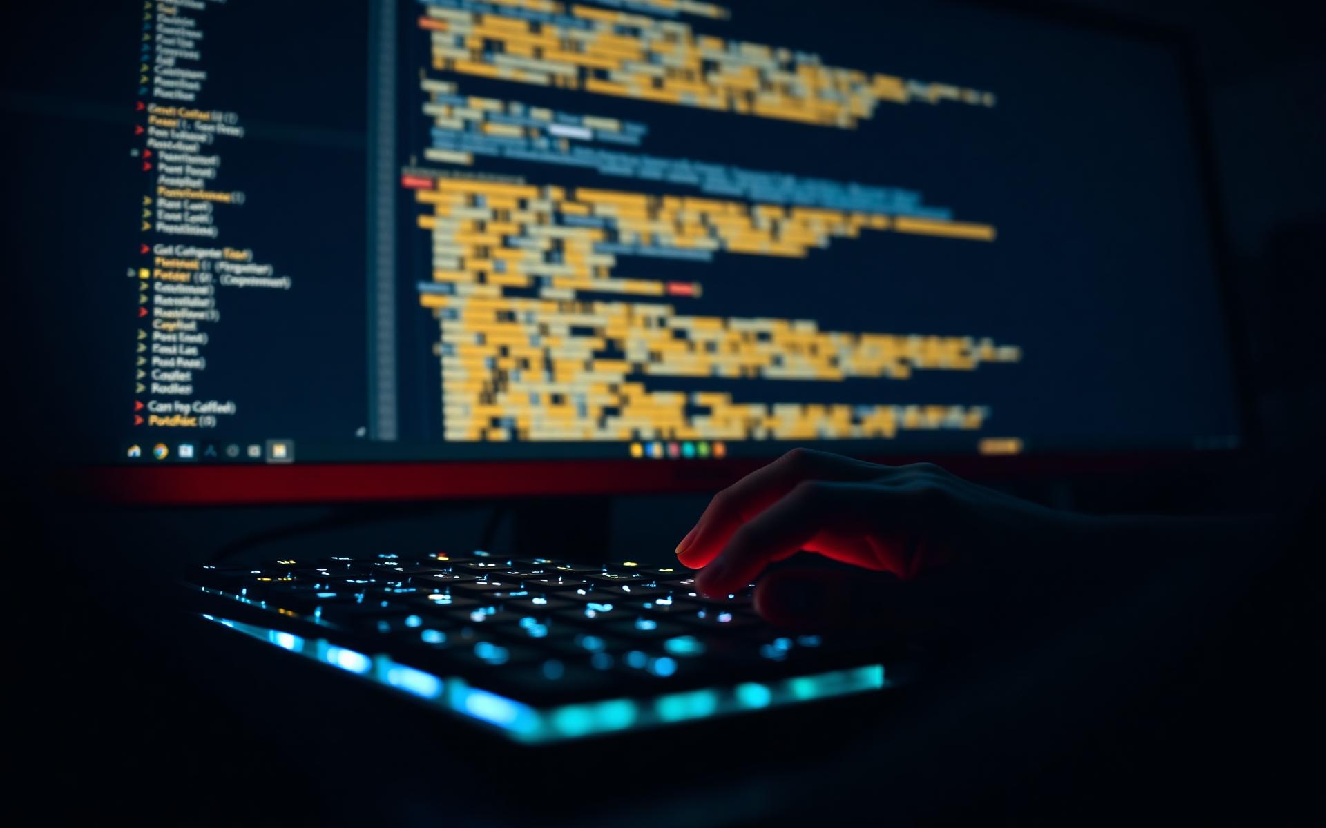 Developer typing on a backlit keyboard beside code